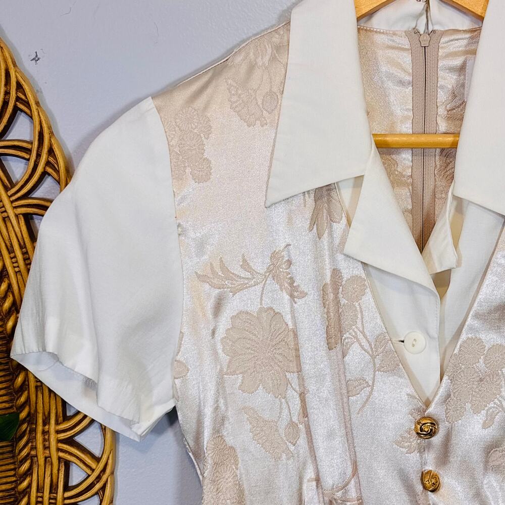 VTG Ivory Satin Jacquard Collared Shirt Dress Floral Button Elegant Light Spring